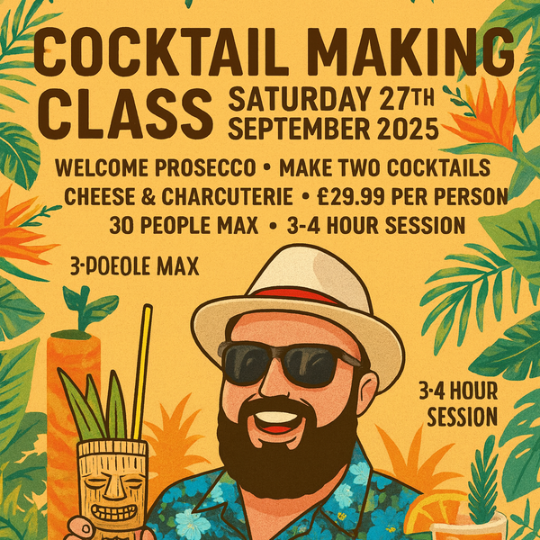 Promotional poster for a cocktail making class with a man holding a cocktail and tropical elements.