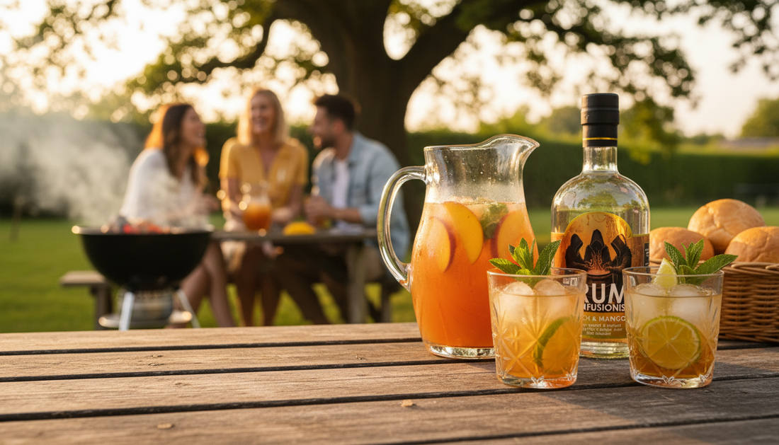 A refreshing peach and mango cocktail in a jug, garnished with fruit and mint, on a rustic wooden table with a garden BBQ blurred in the background.