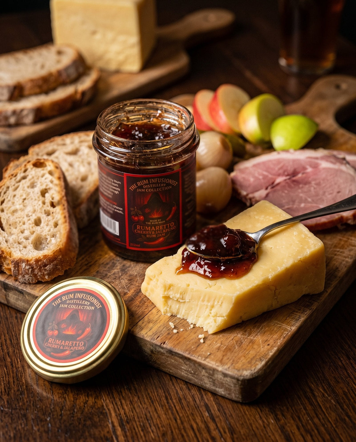 Rumaretto Cherry & Jalapeño Rum Jam on a ploughman's board with mature cheddar and sourdough
