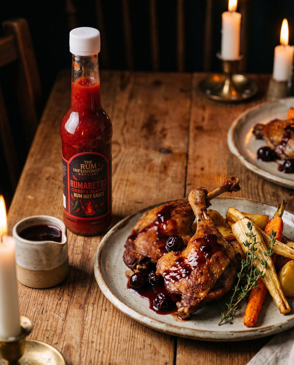 Rumaretto Cherry & Jalapeño Rum Hot Sauce with glazed roast duck