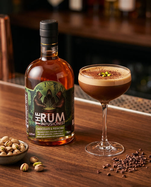 Chocolate & Pistachio Espresso Martini with chopped pistachios beside the bottle