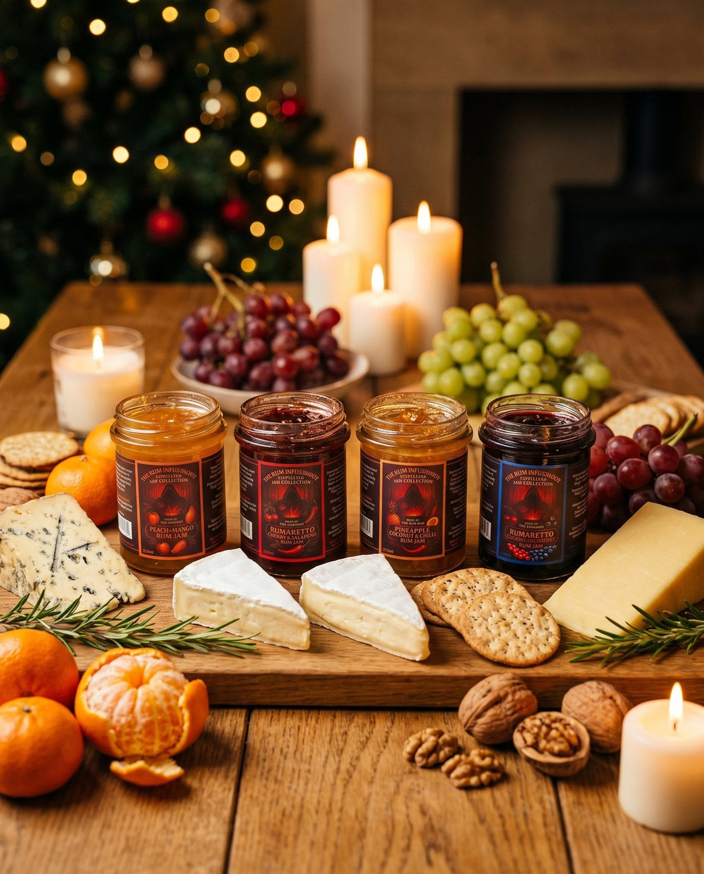 The four Rum Infusionist rum jams on a Christmas cheeseboard