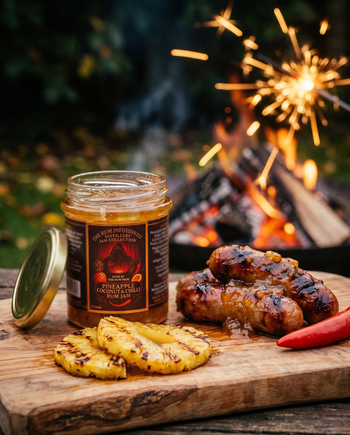 Pineapple & Coconut Chilli Rum Jam glazing grilled sausages on Bonfire Night
