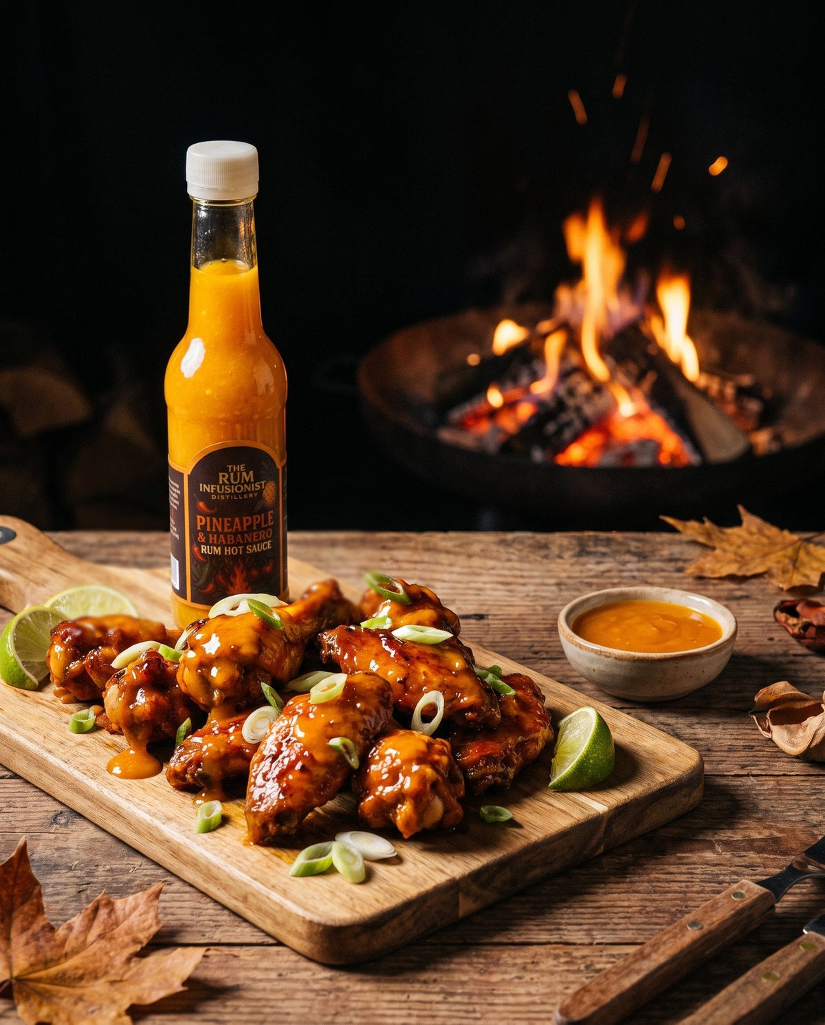 Pineapple & Habanero Rum Hot Sauce with glazed chicken wings on Bonfire Night