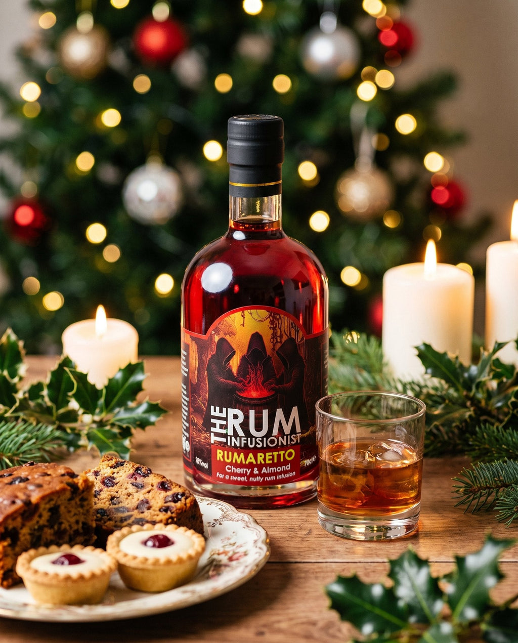 Rumaretto on a candlelit Christmas table with fruit cake and cherry bakewell tarts