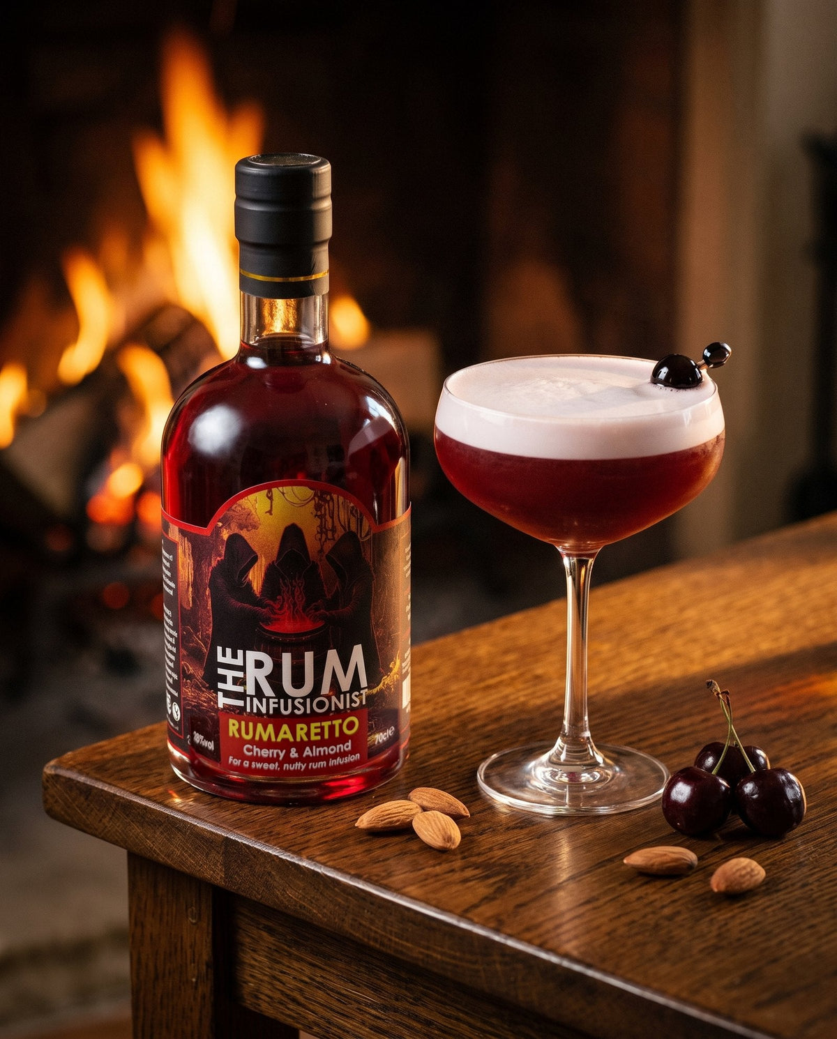 Rumaretto and a Rumaretto Sour by a log fire with cherries and almonds