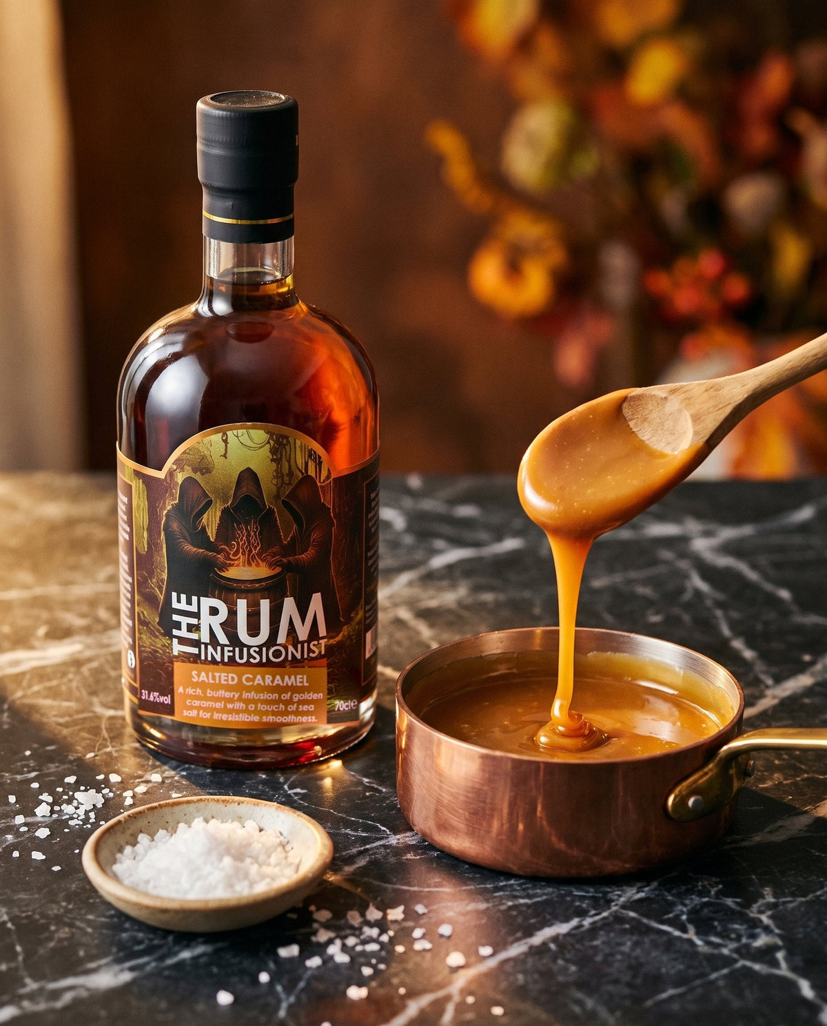 Salted Caramel beside a copper pan of golden caramel and sea salt flakes