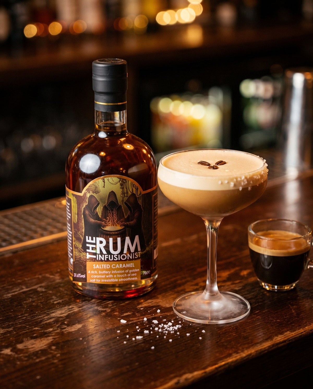 Salted Caramel Espresso Martini beside the bottle on a dark bar