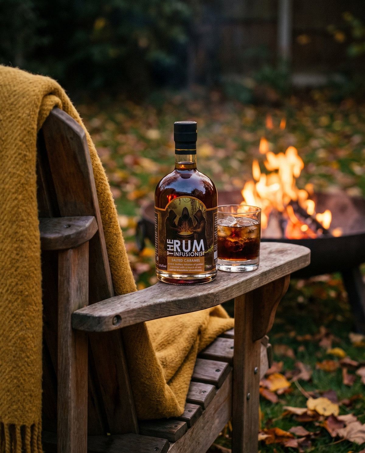 Salted Caramel over ice with cola on a garden chair by the fire pit