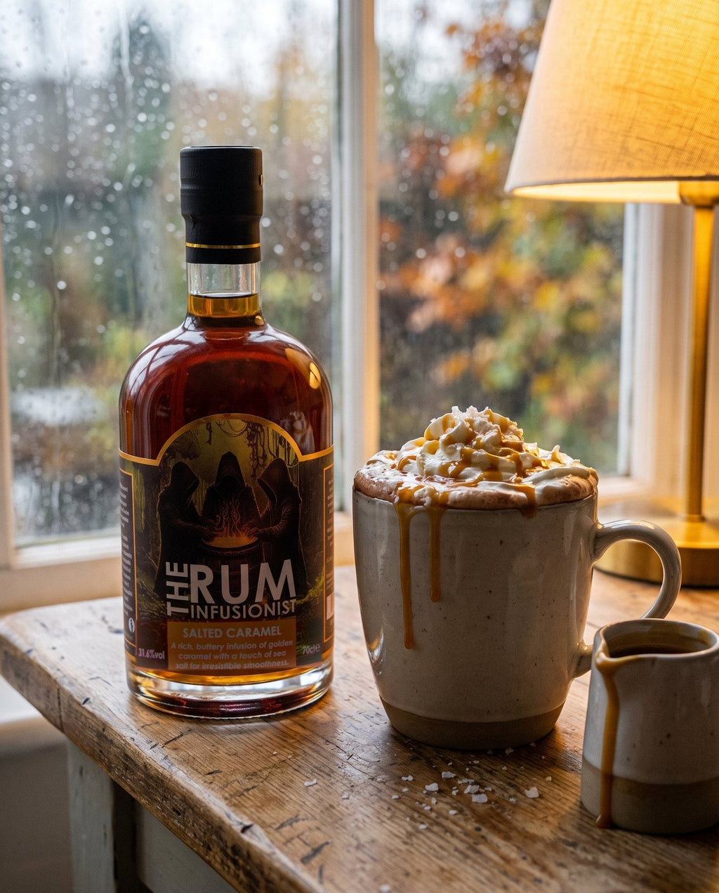 Salted Caramel with a mug of hot chocolate topped with cream and caramel