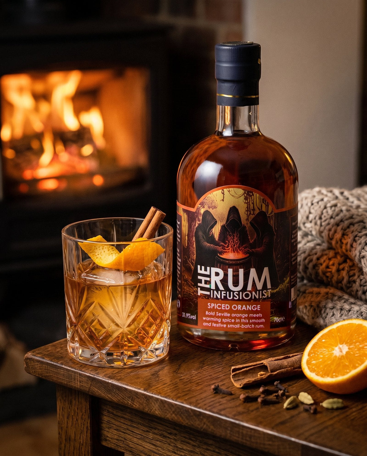 Spiced Orange and a Spiced Orange Old Fashioned by a log fire