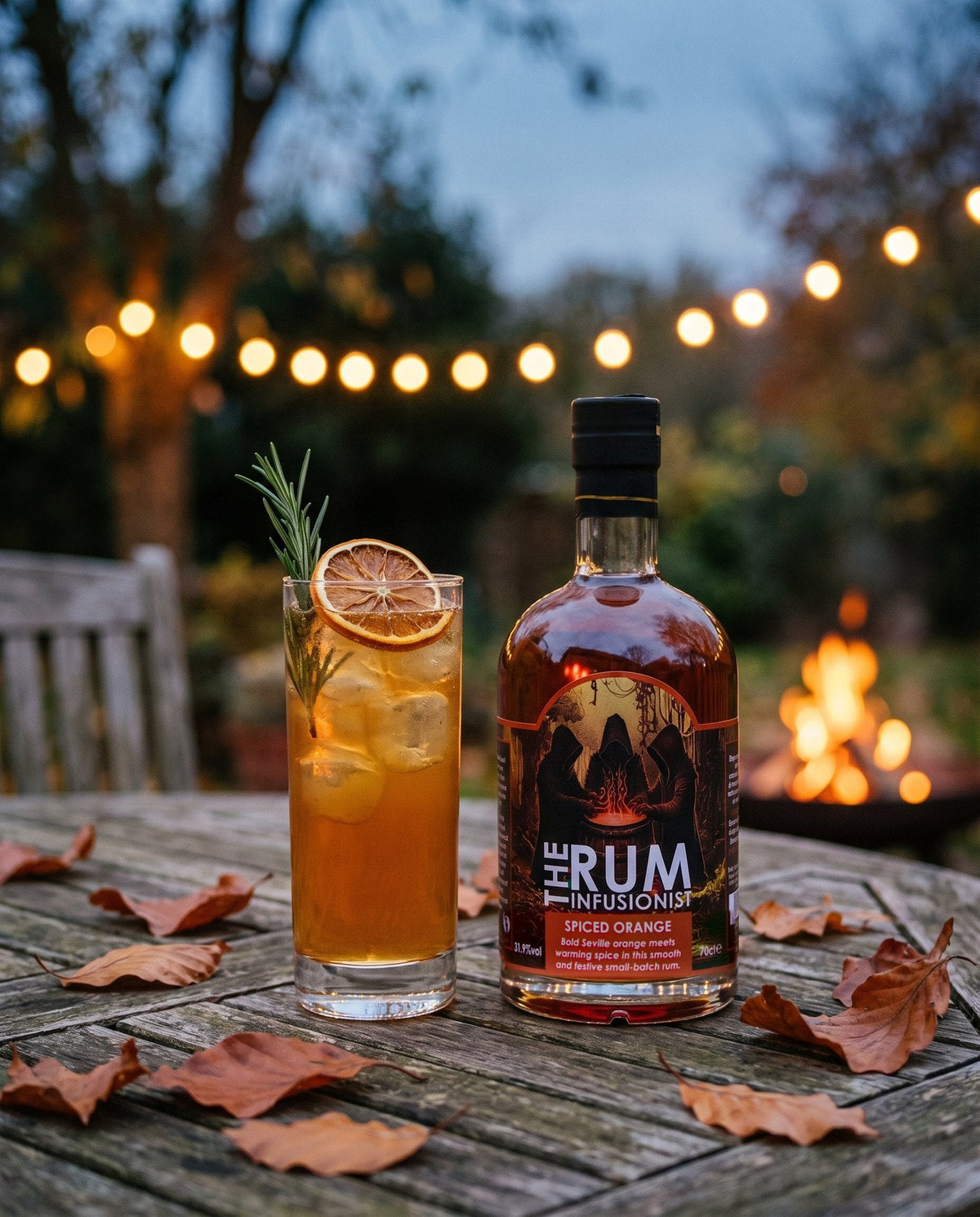 Spiced Orange Winter Spritz with ginger ale and dried orange in an autumn garden at dusk