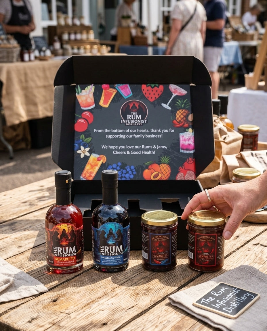 Rum and jam gift set on a market table