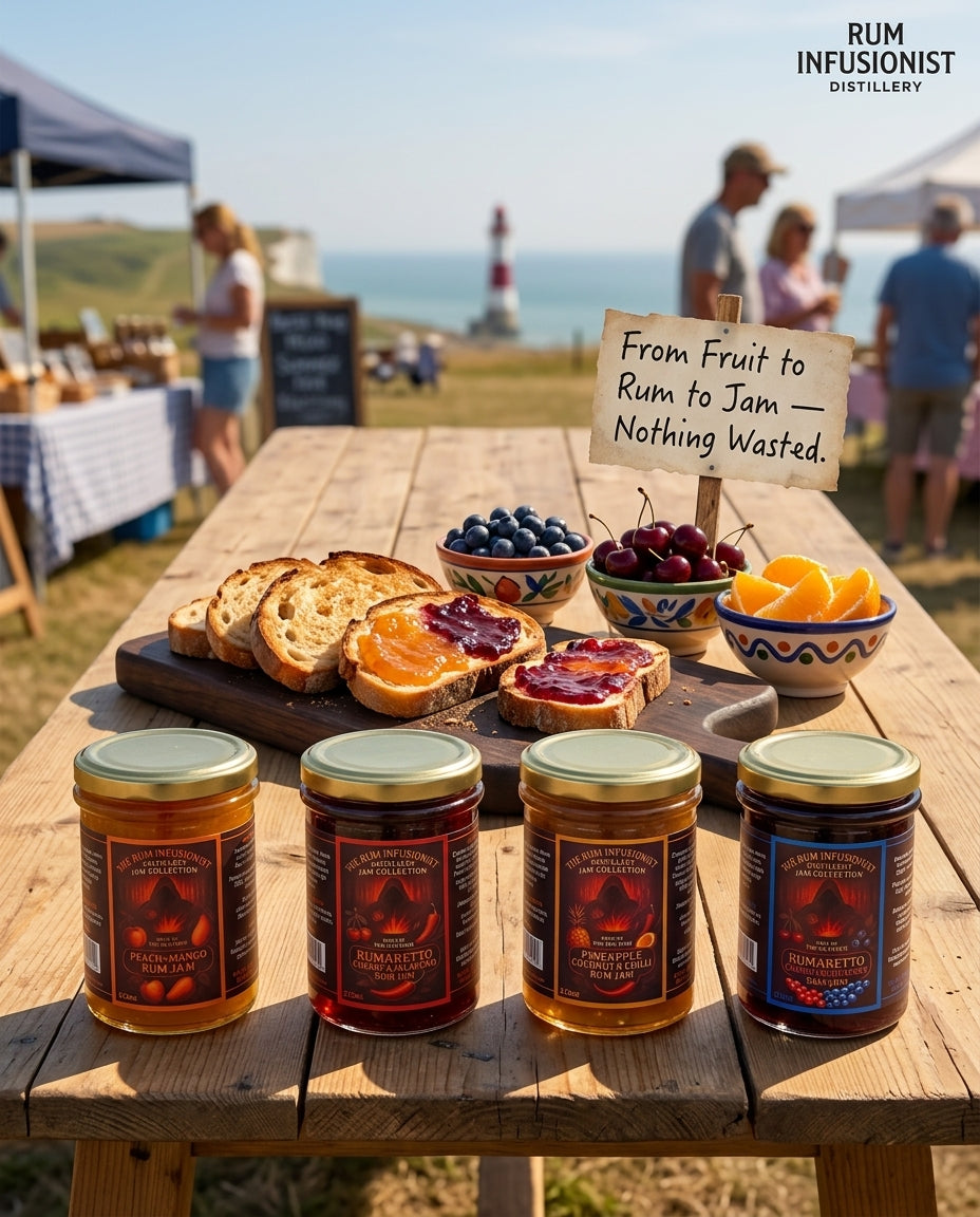 Rum Jam Collection at a seaside market with toast and fruit