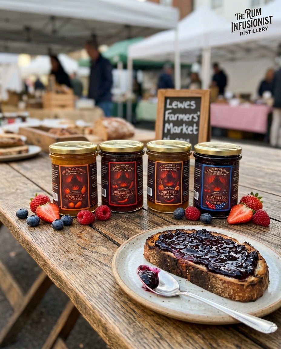 Rum Jam Collection on a farmers' market table with jam on toast