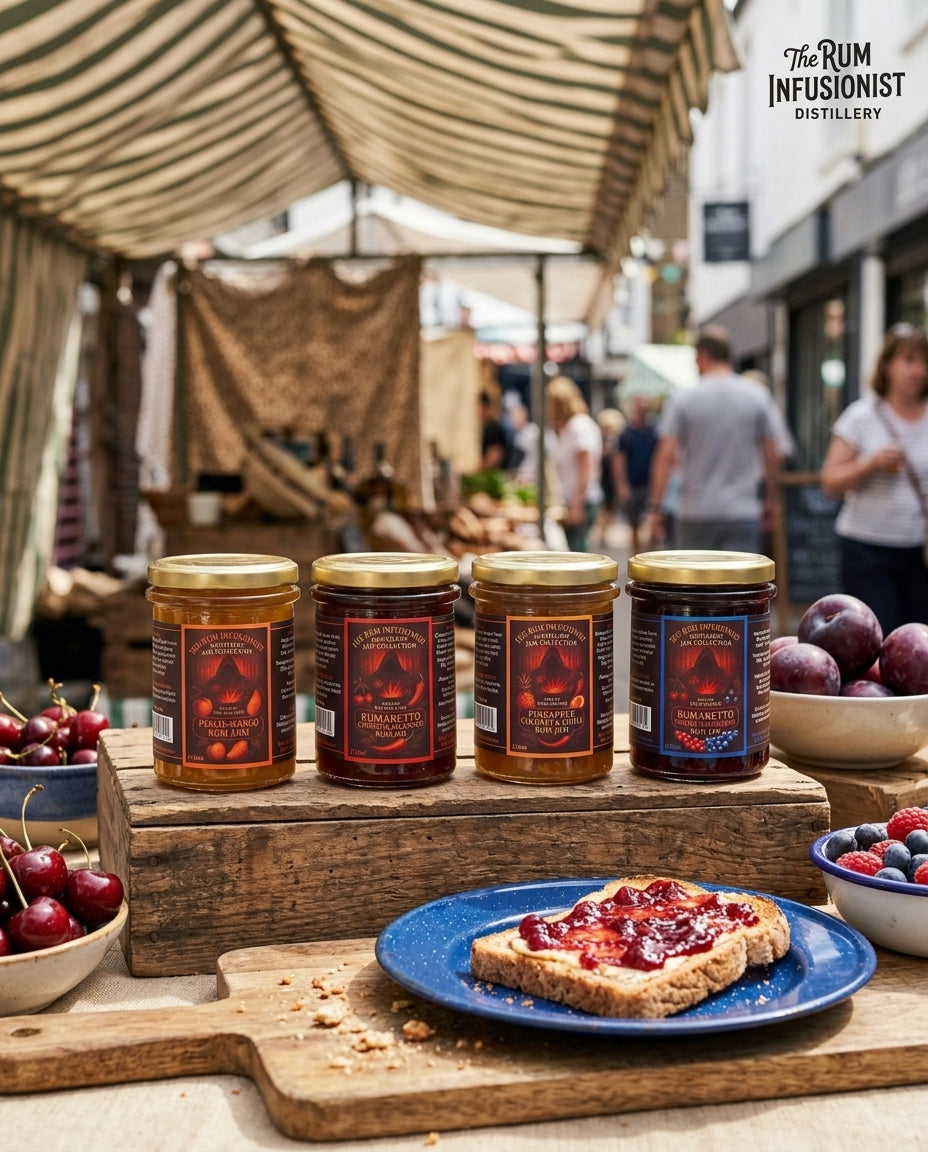 Rum Jam Collection on a market stall with jam on toast