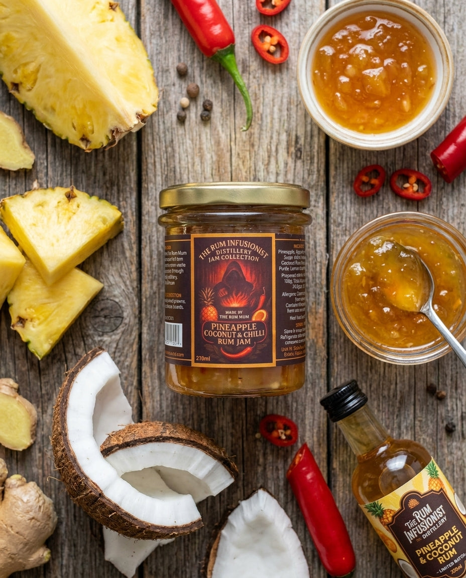 Pineapple & Coconut Chilli Rum Jam flat lay with pineapple, coconut, ginger and chilli