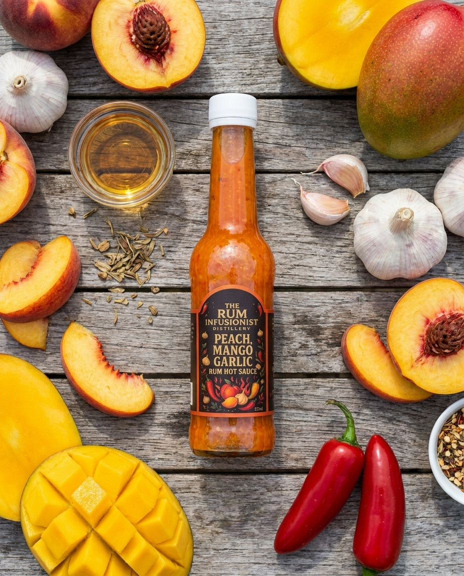 Peach, Mango & Garlic Rum Hot Sauce flat lay with peaches, mango, garlic and chilli
