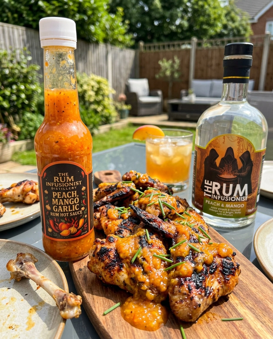 Peach, Mango & Garlic Rum Hot Sauce with grilled chicken and a glass of rum in the garden