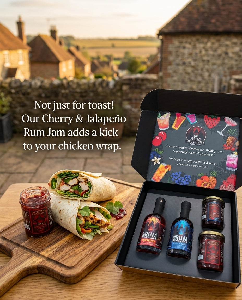 Rum and jam gift set with a chicken wrap and jam graphic