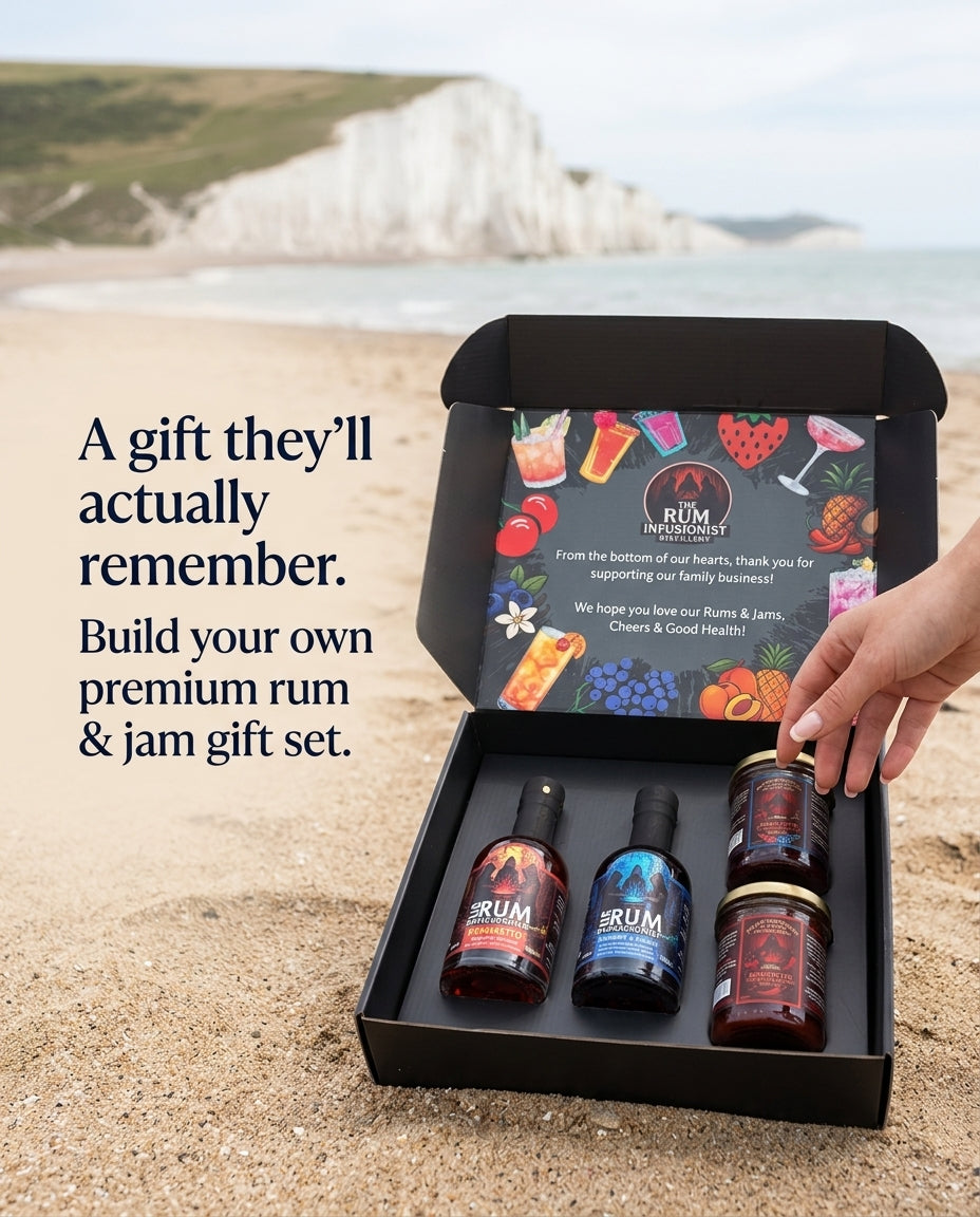 Rum and jam gift set on the beach with a gift message graphic