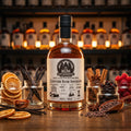 Craft Your Own personalised infusion: custom-labelled 70cl bottle on a distillery workbench surrounded by real ingredients