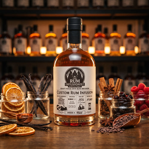 Craft Your Own personalised infusion: custom-labelled 70cl bottle on a distillery workbench surrounded by real ingredients