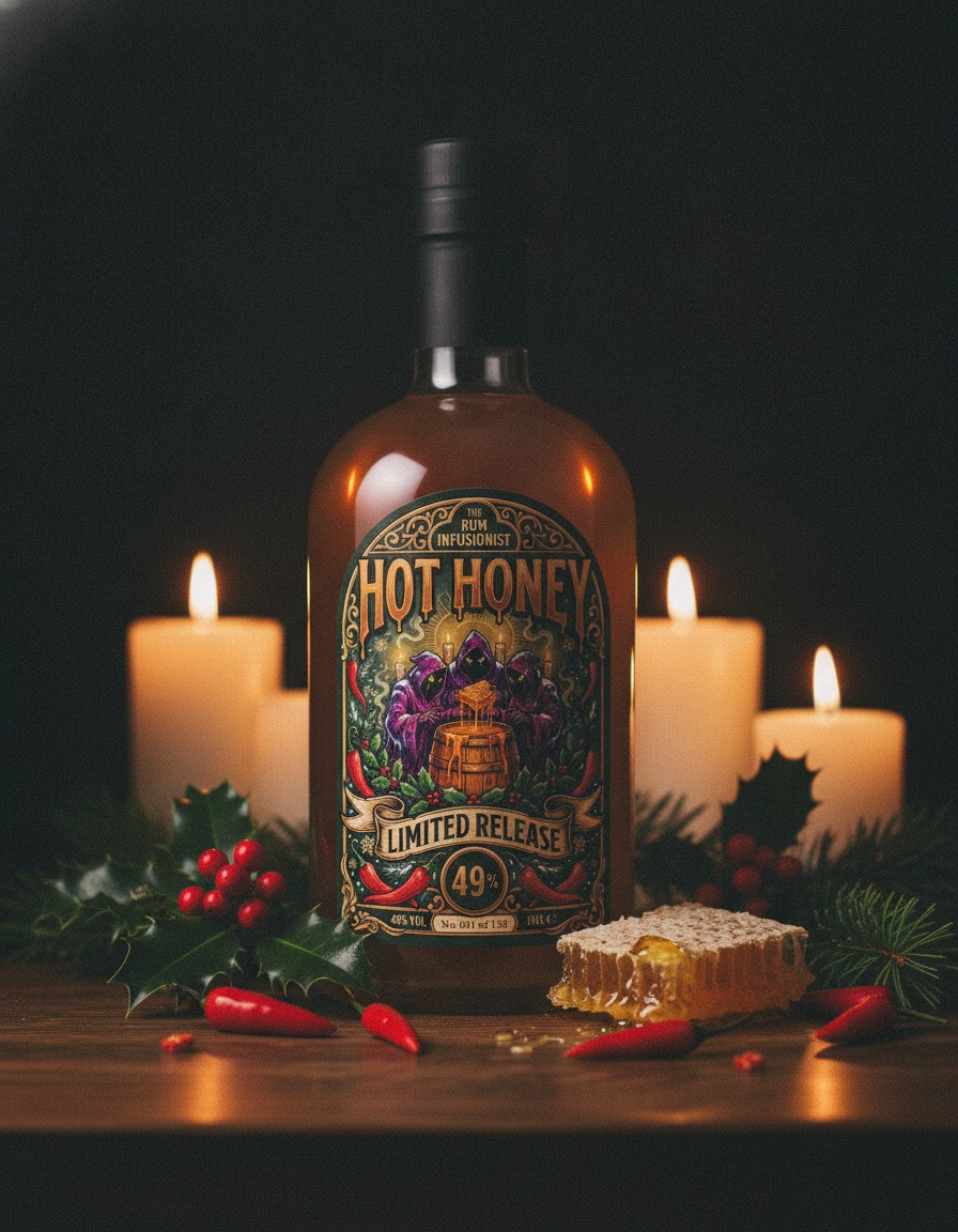 Hot Honey Limited Release bottle with candles, holly and honeycomb