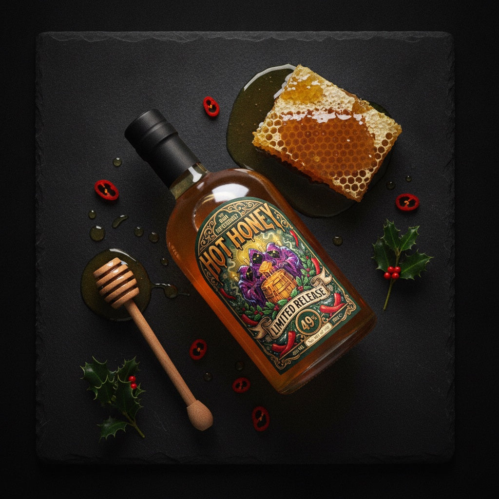 Hot Honey rum flat lay with honeycomb, honey dipper, chillies and holly