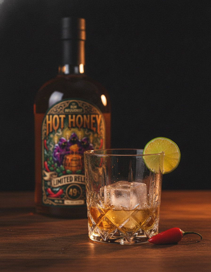 Hot Honey rum served over ice with a wedge of lime