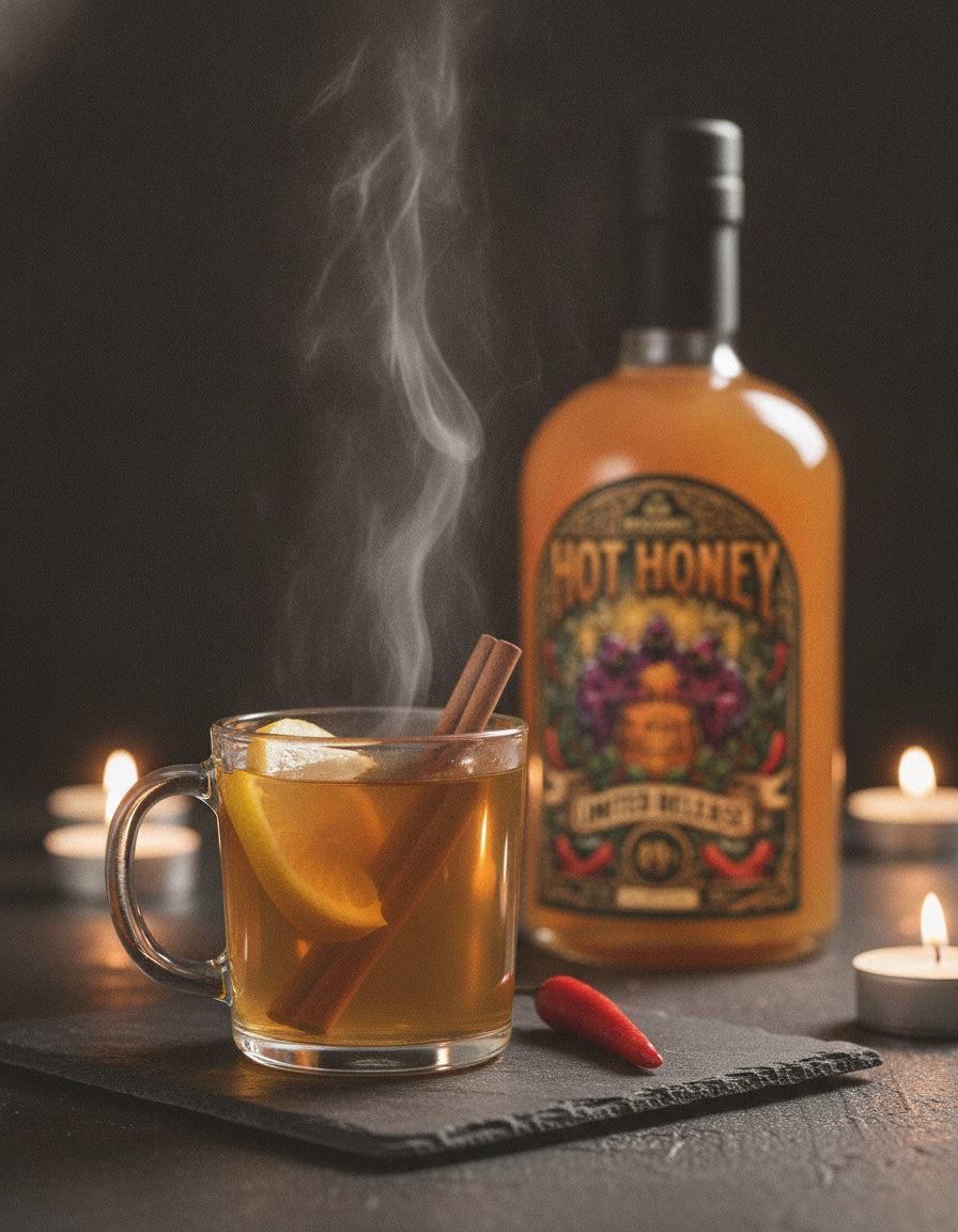 A hot toddy made with Hot Honey rum, lemon and cinnamon by candlelight