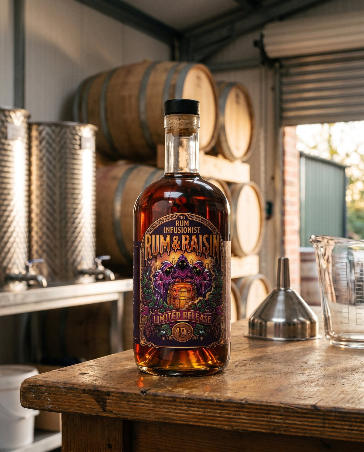 Rum & Raisin Limited Release on a distillery workbench with barrels and steel tanks behind