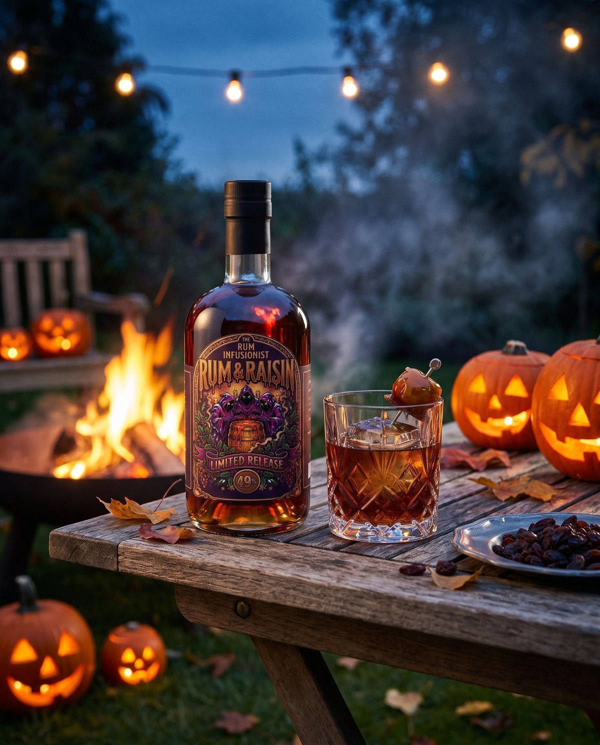 Rum & Raisin Limited Release rum on a garden table beside a lit fire pit, with an Old Fashioned and carved pumpkins