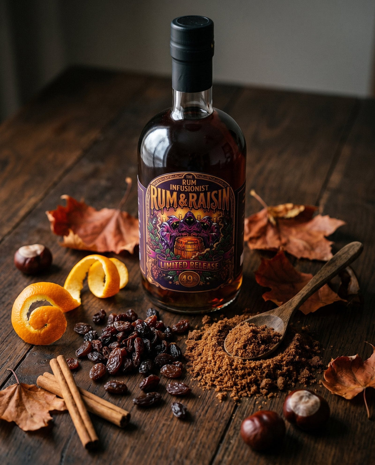 Overhead flat lay of Rum & Raisin rum with sun-dried vine fruit, dark muscovado sugar and orange peel