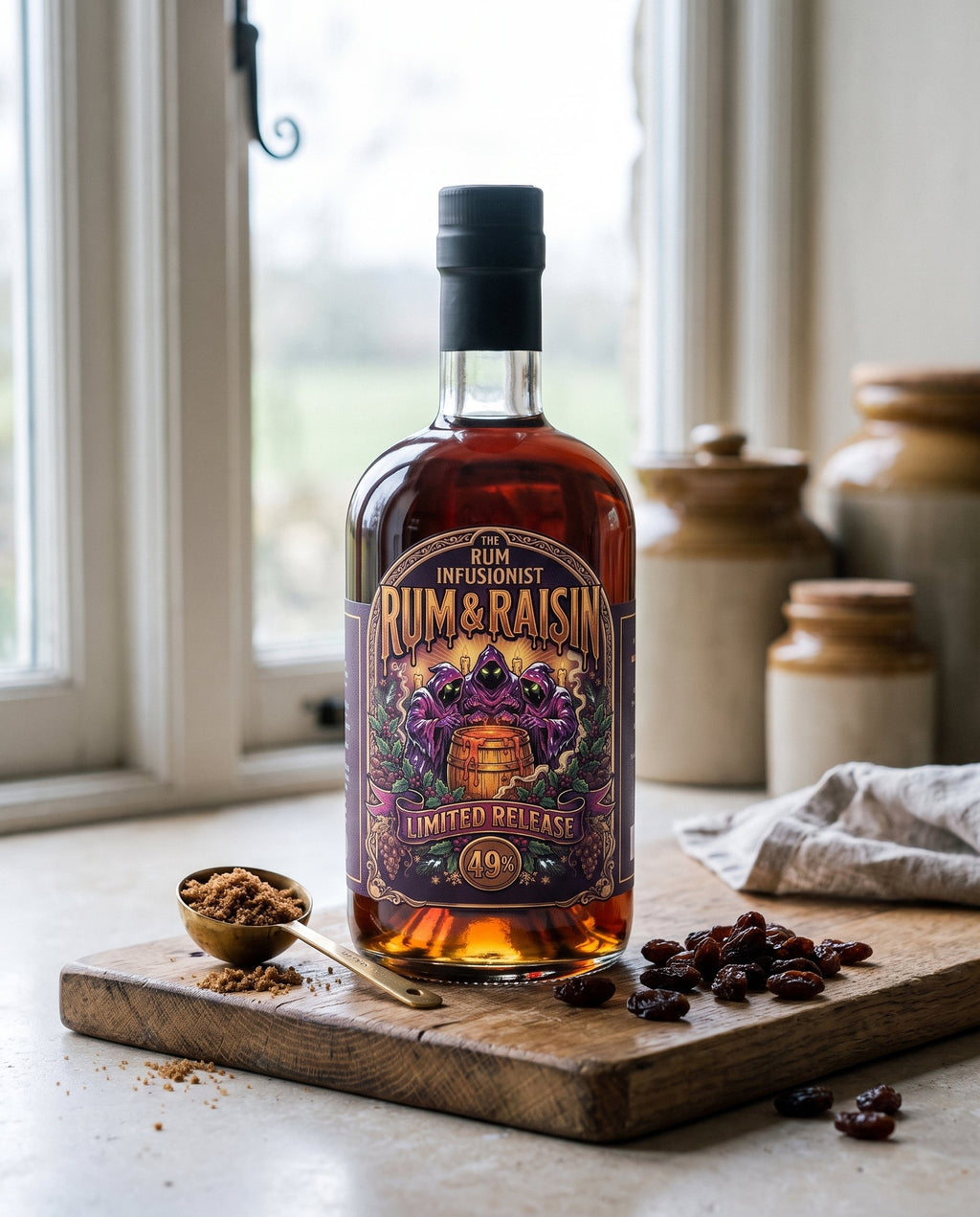 Rum & Raisin Limited Release on a farmhouse chopping board with dark muscovado sugar and raisins