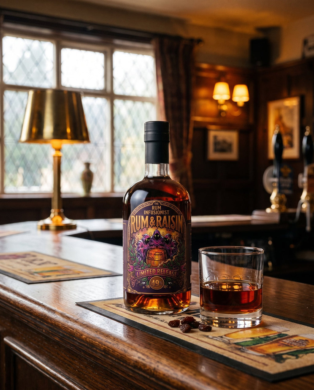 Rum & Raisin Limited Release on an oak pub bar beside a neat pour