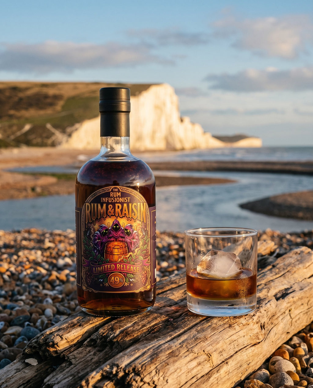 Rum & Raisin Limited Release on driftwood at Cuckmere Haven with the Seven Sisters cliffs behind