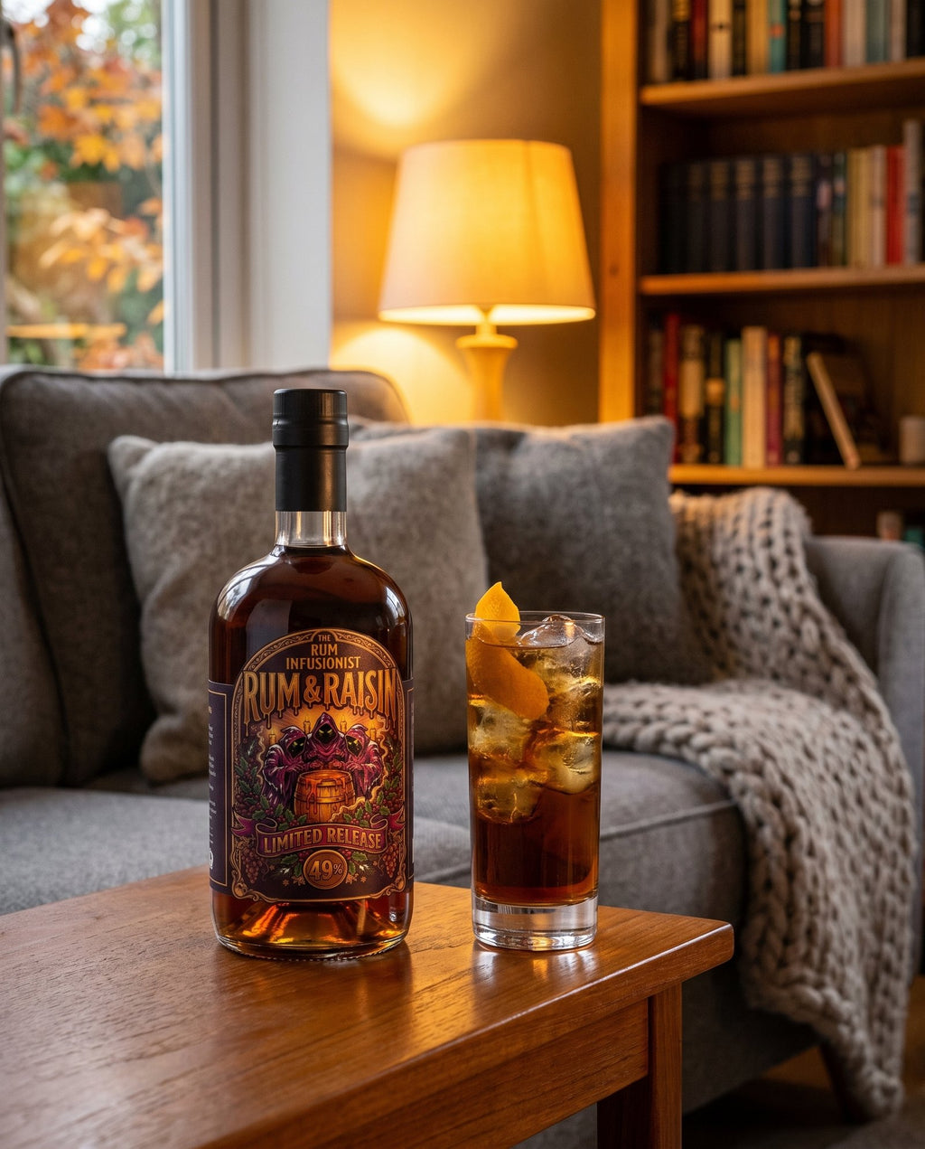 Rum & Raisin Limited Release on a side table with a rum and ginger by lamplight