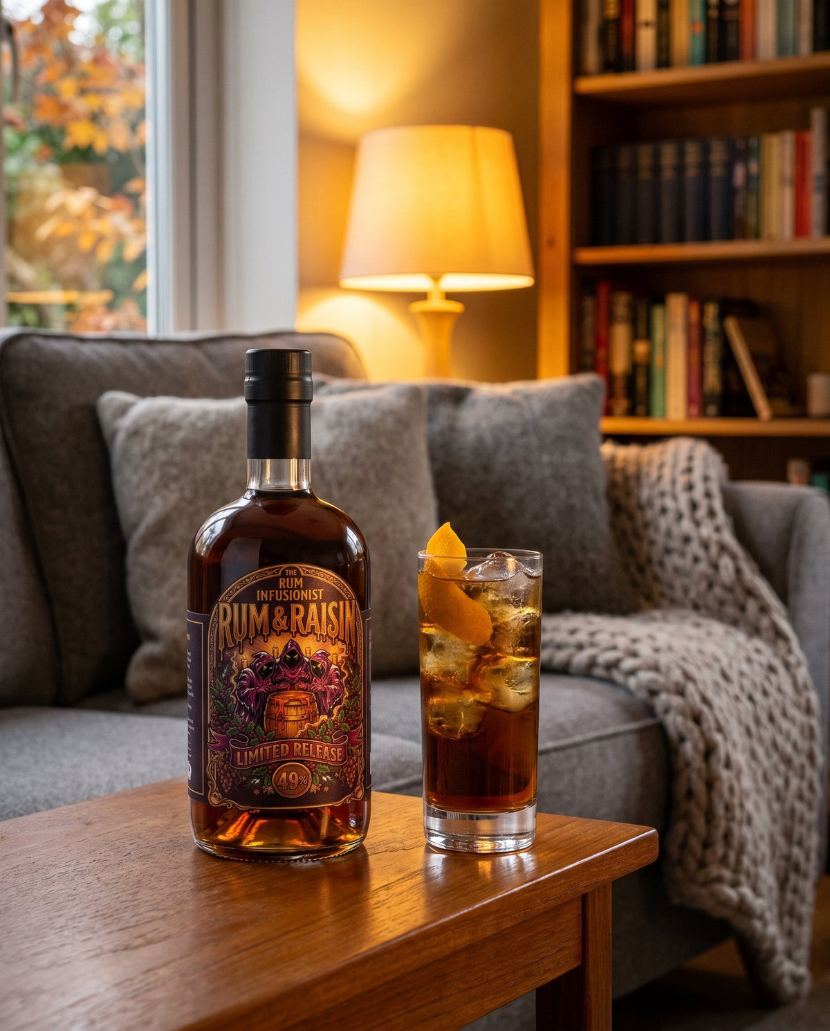 Rum & Raisin Limited Release on a side table with a rum and ginger by lamplight