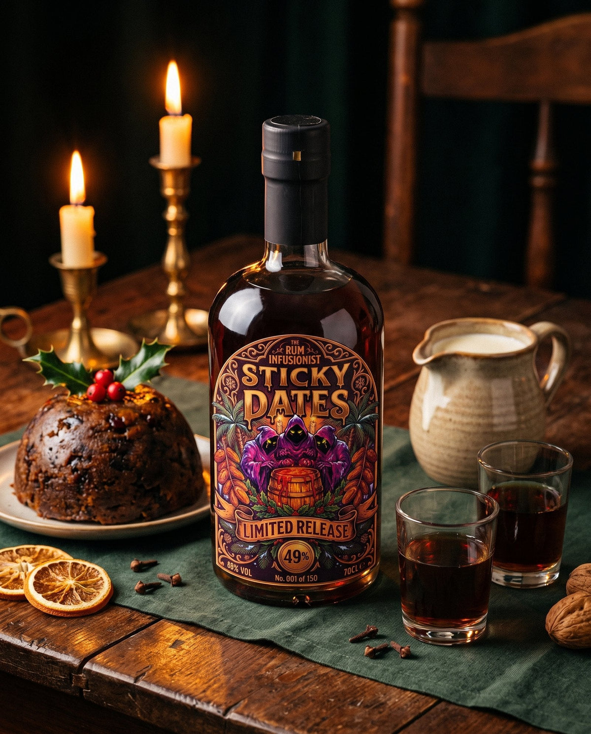 Sticky Dates rum on a festive December table with Christmas pudding, holly and candles