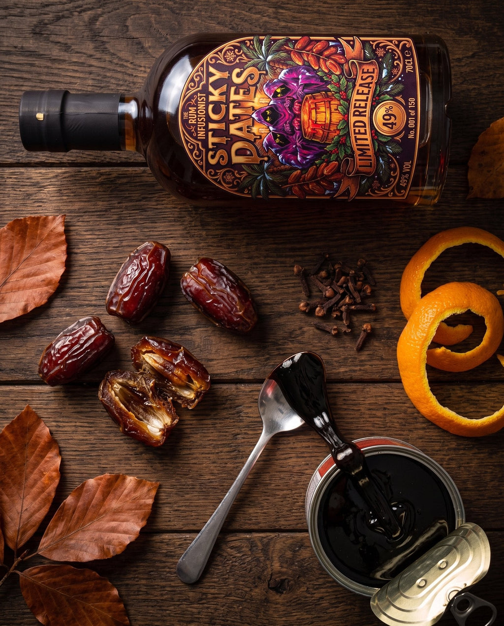 Overhead flat lay of Sticky Dates rum with medjool dates, dark treacle and whole cloves