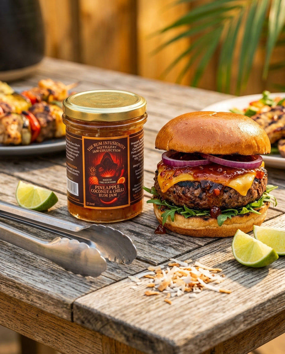 Pineapple & Coconut Chilli Rum Jam with a burger and grilled skewers