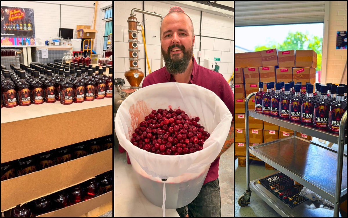 The Rum Infusionist: trays of Rumaretto bottles, Tom with a bucket of cherries by the still, packed orders ready to ship