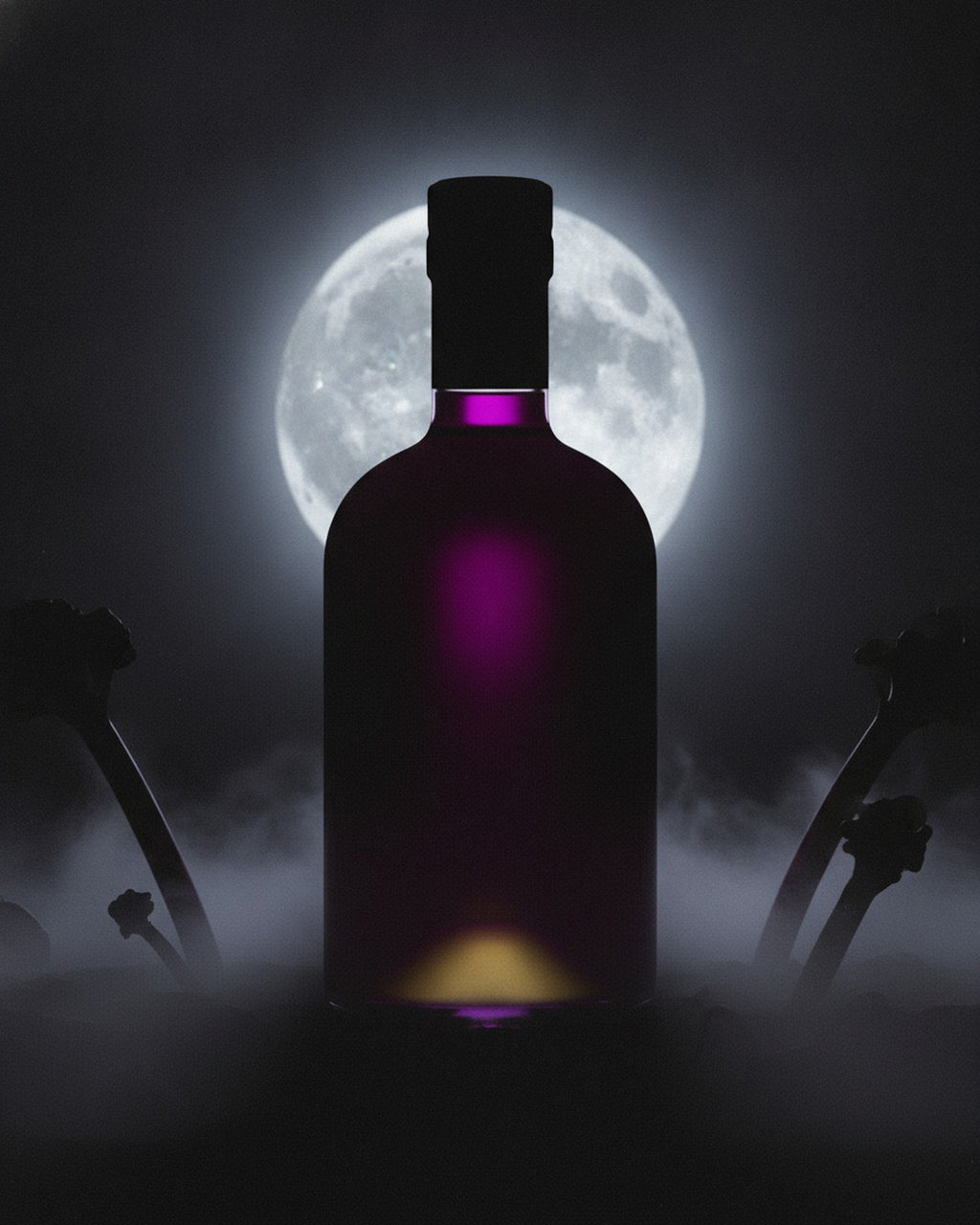Witching Hour bottle silhouetted against a full moon with rhubarb stems in the mist