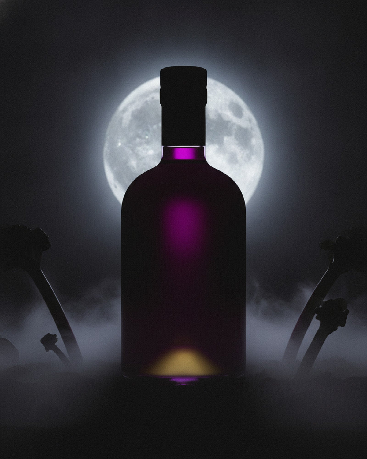 Witching Hour bottle silhouetted against a full moon with rhubarb stems in the mist