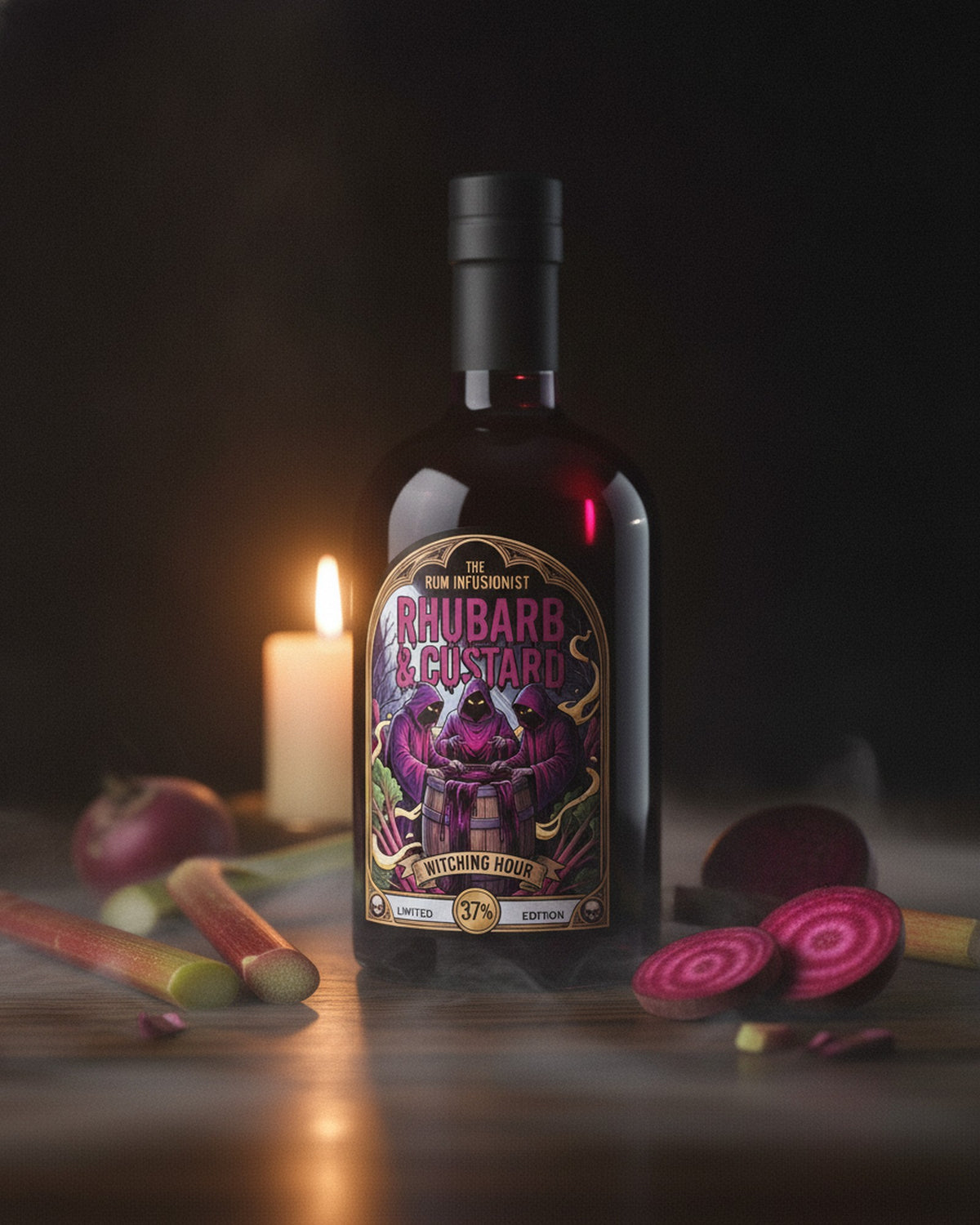 Rhubarb & Custard Witching Hour 70cl bottle lit by moonlight, deep beetroot-purple limited edition