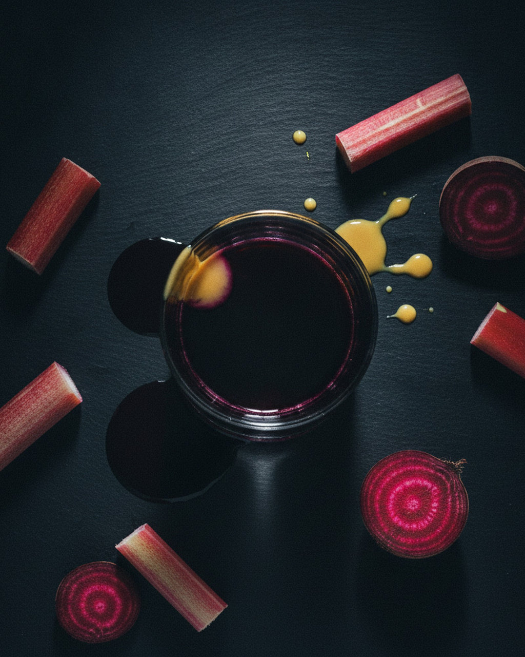 Flat lay of forced rhubarb, beetroot and vanilla custard around a glass of Witching Hour